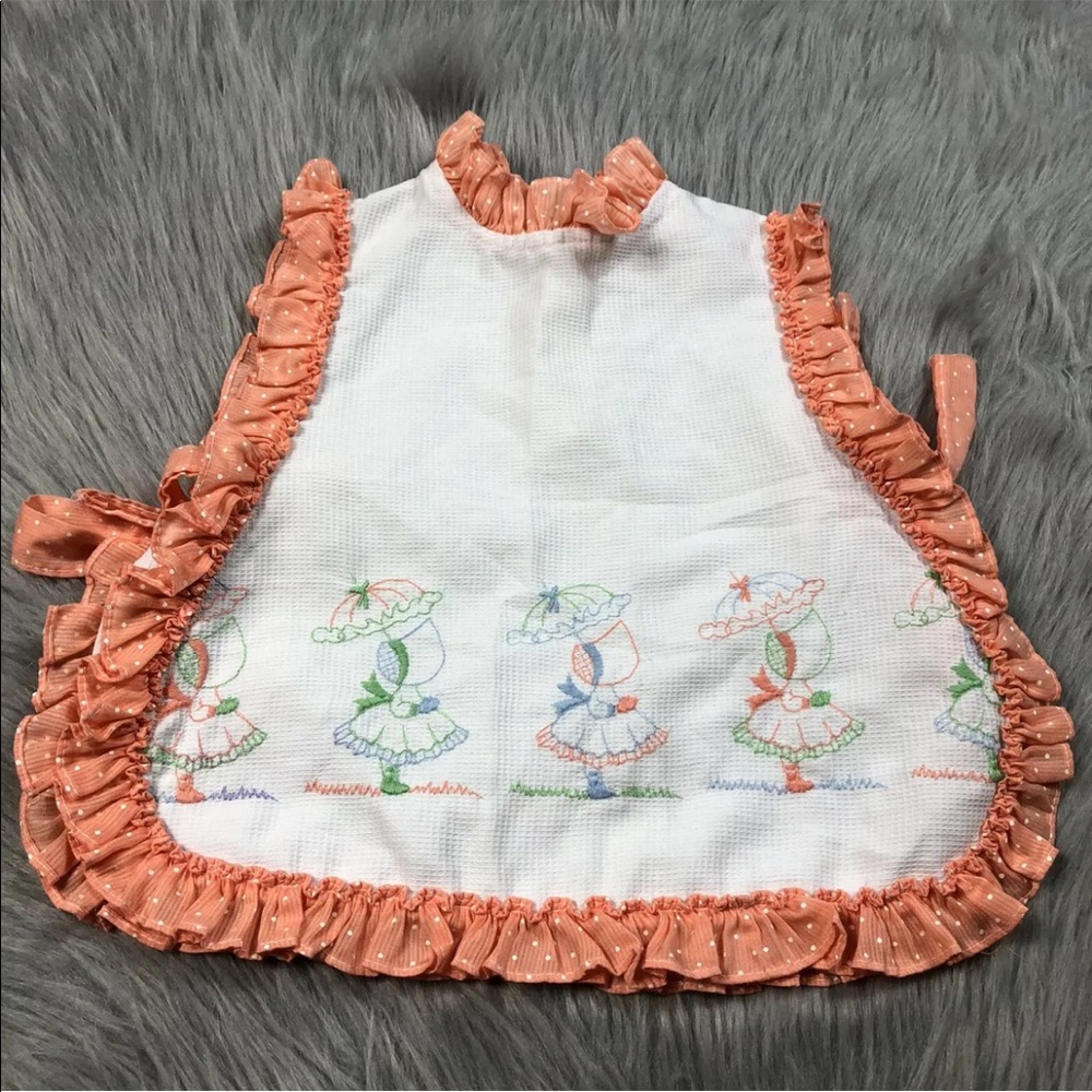 Vintage Toddler Girls White Orange Polka Dot Ruffle Embroidered Tie Apron